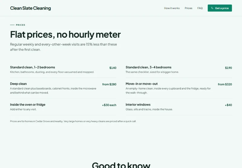 Clean Slate Cleaning page detail