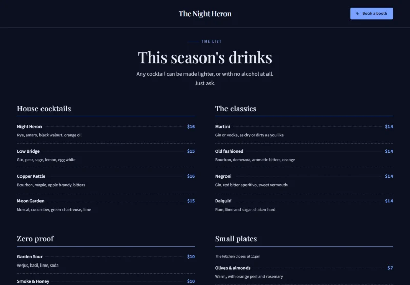 The Night Heron page detail