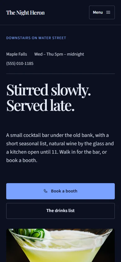 The Night Heron phone layout