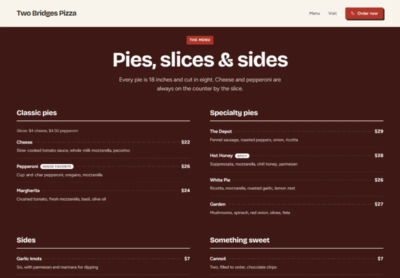 Two Bridges Pizza page detail