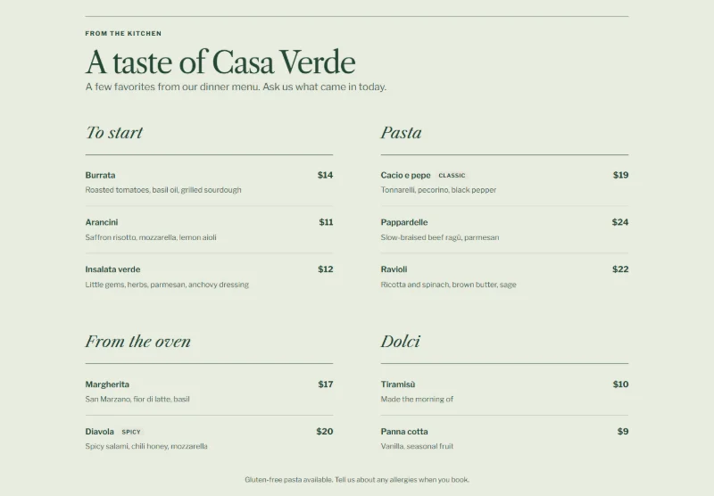 Casa Verde Trattoria page detail