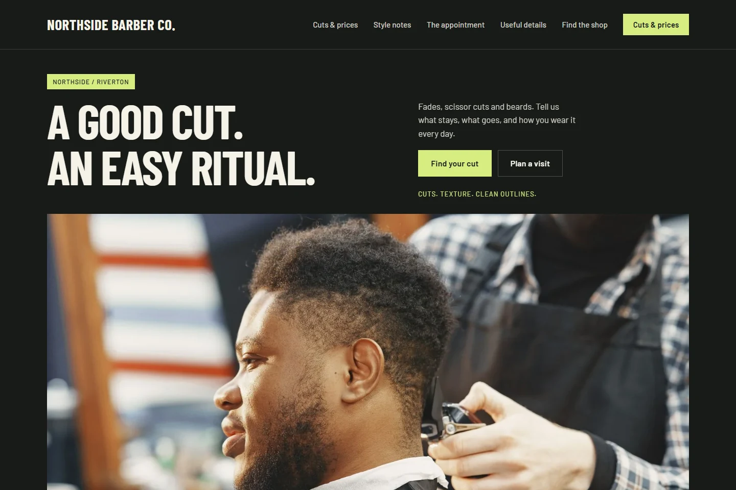 Northside Barber Co example with a dark photograph and bold typography