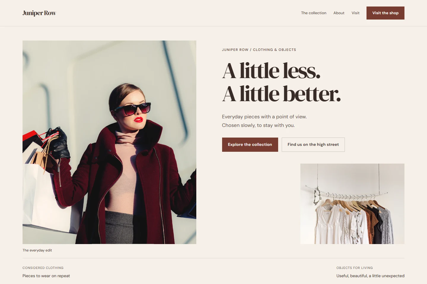 Juniper Row boutique example with retail photography and a minimal layout