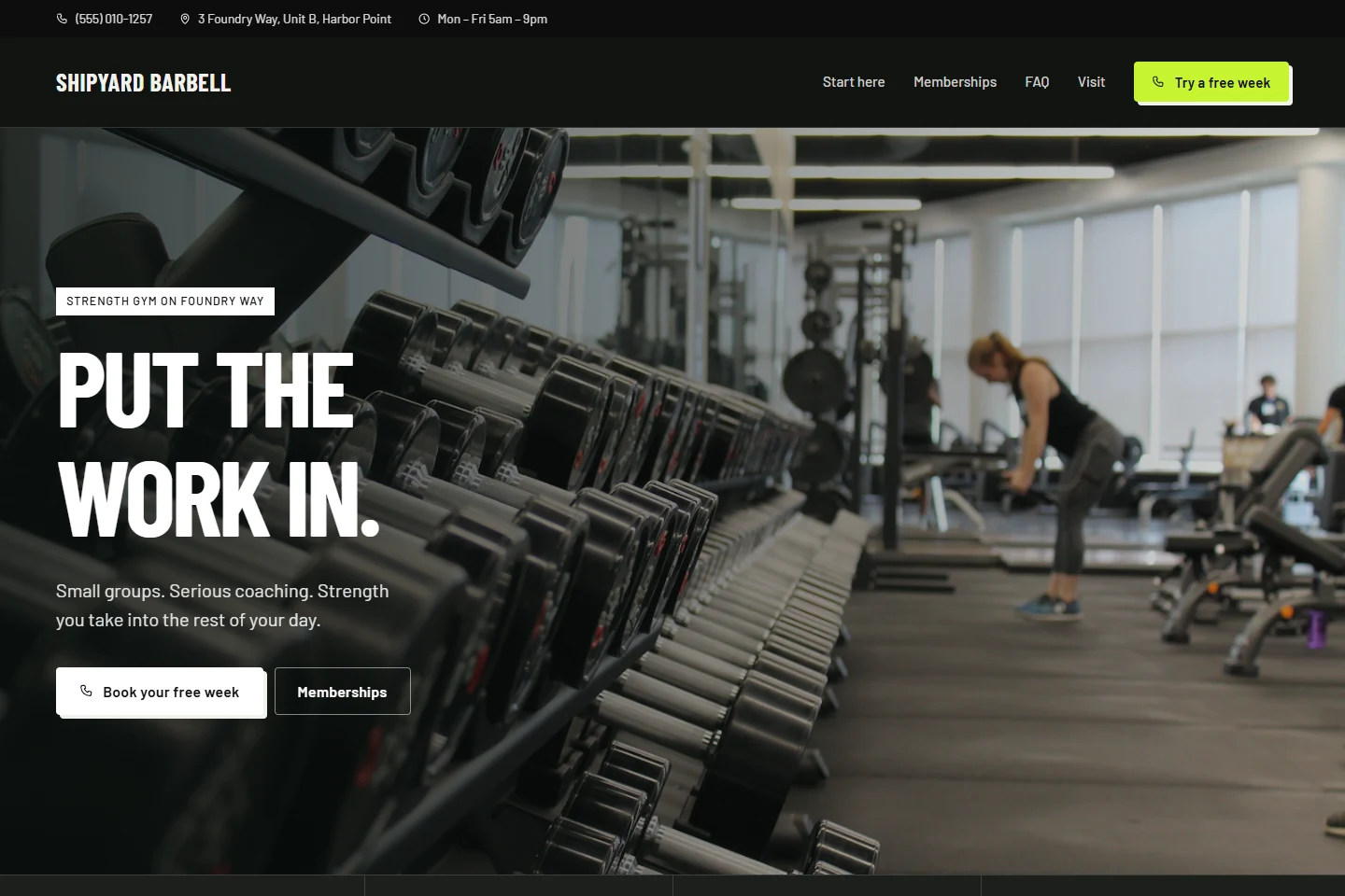 Shipyard Barbell fitness example with full-width gym photography